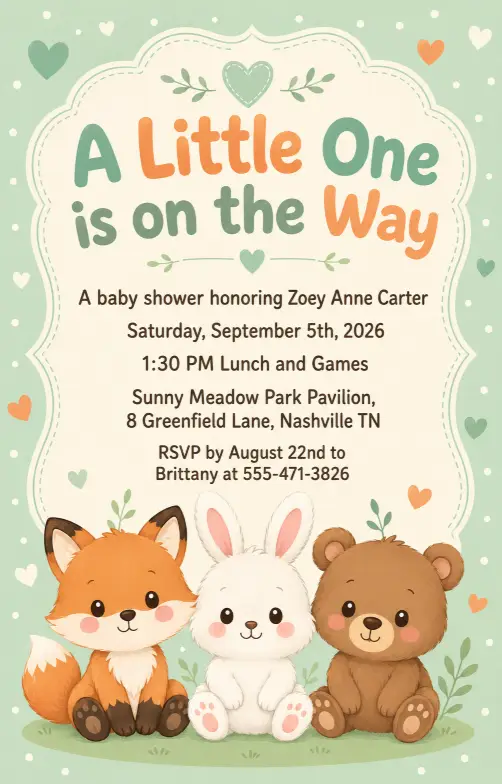 Create a complete baby shower invitation featuring three cute cartoon baby animals sitting together at the bottom, including a small orange fox, a fluffy white bunny, and a tiny brown bear, all with rosy cheeks and friendly smiles. Above them, the headline "A Little One is on the Way" appears in playful rounded sans serif type. Below the headline, the full text reads: "A baby shower honoring Zoey Anne Carter" on the first line, then "Saturday, September 5th, 2026" on the next, then "1:30 PM Lunch and Games", then "Sunny Meadow Park Pavilion, 8 Greenfield Lane, Nashville TN", and at the bottom "RSVP by August 22nd to Brittany at 555-471-3826". The background is a soft mint green with tiny scattered hearts and white dots. The color palette is mint, cream, soft orange, and warm brown. The mood is friendly, cheerful, and adorable. Modern flat illustration style with rounded shapes. Make sure all text is sharp, perfectly spelled, and clearly readable. Use aspect ratio 4:5.