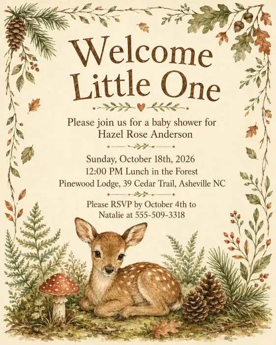 Create a complete woodland themed baby shower invitation featuring a small hand-illustrated scene at the bottom with a baby deer, a tiny mushroom, pinecones, and ferns. The top of the card has the headline "Welcome Little One" in cozy serif typography. Below the headline, the full text is written in warm brown serif type and reads: "Please join us for a baby shower for Hazel Rose Anderson" on the first line, then "Sunday, October 18th, 2026" on the next, then "12:00 PM Lunch in the Forest", then "Pinewood Lodge, 39 Cedar Trail, Asheville NC", and at the bottom "Please RSVP by October 4th to Natalie at 555-509-3318". The background is a warm cream with soft forest green and rust accents. Tiny leaves are scattered across the corners. The color palette is mossy green, rust, warm brown, and cream. The overall mood is cozy, natural, and storybook-inspired. Hand-painted watercolor illustration style. Make sure all text is sharp, perfectly spelled, and clearly readable. Use aspect ratio 4:5.