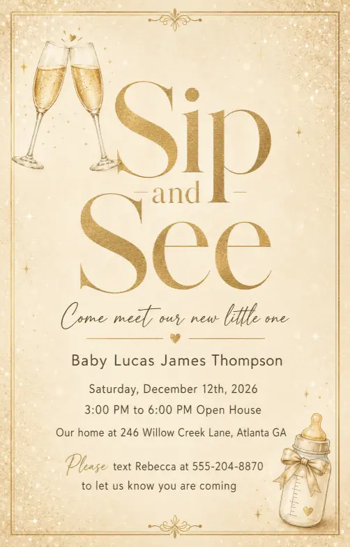 Create a complete Sip and See baby shower invitation with the headline "Sip and See" in oversized modern serif typography centered on the card. Below the title, the full text reads in mixed handwritten script and clean sans serif: "Come meet our new little one" on the first handwritten line, then in sans serif "Baby Lucas James Thompson" on the next, then "Saturday, December 12th, 2026", then "3:00 PM to 6:00 PM Open House", then "Our home at 246 Willow Creek Lane, Atlanta GA", and at the bottom "Please text Rebecca at 555-204-8870 to let us know you are coming". A small illustration of two champagne glasses gently clinking sits in the top left and a tiny baby bottle in the bottom right. The background is a soft champagne beige with a subtle sparkle texture. The color palette is champagne, soft gold, and cream. The overall mood is celebratory, modern, and warm. Print-ready quality. Make sure all text is sharp, perfectly spelled, and clearly readable. Use aspect ratio 4:5.