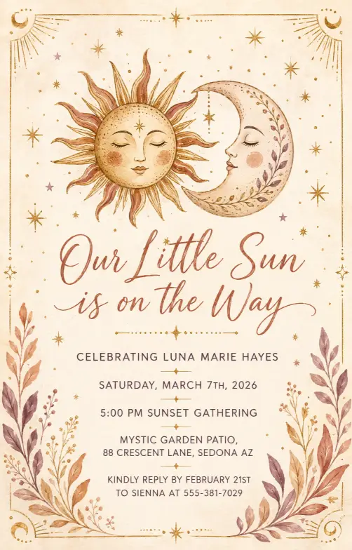 Create a complete celestial baby shower invitation featuring a hand-illustrated sun and crescent moon side by side at the top center with tiny stars and dots scattered around them. The headline "Our Little Sun is on the Way" appears below in flowing handwritten script. Below the headline, the full text is written in clean sans serif and reads: "Celebrating Luna Marie Hayes" on the first line, then "Saturday, March 7th, 2026" on the next, then "5:00 PM Sunset Gathering", then "Mystic Garden Patio, 88 Crescent Lane, Sedona AZ", and at the bottom "Kindly reply by February 21st to Sienna at 555-381-7029". The background is a soft cream with subtle gold star textures. The color palette is warm gold, terracotta, ivory, and dusty mauve. The overall mood is mystical, modern, and boho. Hand-drawn illustration style with warm gold metallic accents. Make sure all text is sharp, perfectly spelled, and clearly readable. Use aspect ratio 4:5.