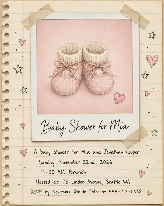 Create a complete baby shower invitation styled like a vintage Polaroid photo with a thick white border around a soft pastel pink inner image area that shows a hand-illustrated tiny pair of baby booties and a small heart inside the photo space. Below the polaroid photo, on the wide bottom white border of the polaroid, handwritten script reads "Baby Shower for Mia" as a title. Below the polaroid, the full event text is written on a notebook-style background in handwritten print and reads: "A baby shower for Mia and Jonathan Cooper" on the first line, then "Sunday, November 22nd, 2026" on the next, then "11:30 AM Brunch", then "Hosted at 73 Linden Avenue, Seattle WA", and at the bottom "RSVP by November 8th to Chloe at 555-712-6638". Tiny doodled stars and hearts surround the polaroid frame. The background is a soft beige with subtle taped corners effect making the polaroid look like it is stuck to a notebook page. The mood is personal, nostalgic, and playful. Realistic polaroid texture with crisp print-ready quality. Make sure all text is sharp, perfectly spelled, and clearly readable. Use aspect ratio 4:5.