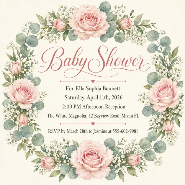 Create a complete square baby shower invitation with a centered floral wreath of soft pink roses, white baby's breath, and green eucalyptus leaves framing the text. Inside the wreath, the full invitation text is clearly written and easy to read. The headline "Baby Shower" appears at the top of the wreath in elegant script. Below the headline, the smaller text reads in clean serif: "For Ella Sophia Bennett" on the first line, then "Saturday, April 11th, 2026" on the next, then "2:00 PM Afternoon Reception", then "The White Magnolia, 12 Bayview Road, Miami FL", and at the bottom "RSVP by March 28th to Jasmine at 555-602-9981". The background is a creamy off-white with a subtle paper texture. The mood is soft, classic, and shareable. Balanced symmetrical composition, detailed watercolor floral illustration, print and screen friendly quality. Make sure all text is sharp, perfectly spelled, and clearly readable. Use aspect ratio 1:1.