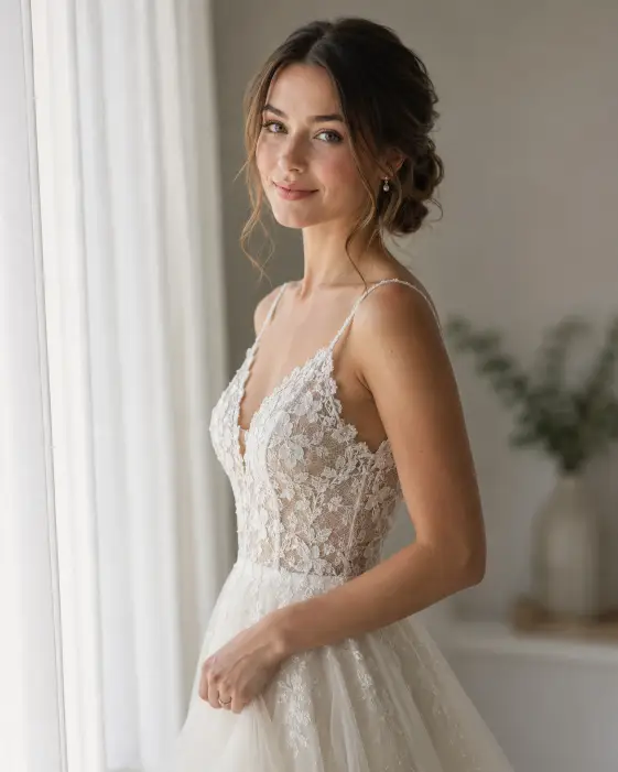 Create a soft, natural-light bridal portrait of a young woman standing near a large window in a bright room. She stands gracefully with her body angled slightly toward the window and her face turned softly toward the camera, hands gently holding the side of her gown. She wears an elegant ivory A-line wedding gown with delicate lace detailing on the bodice and thin straps. Her hair is styled in a loose low bun with a few soft strands framing her face, and her makeup is fresh and natural with a subtle glow. The camera is at eye level with a slightly tight framing from the waist up. Soft diffused daylight pours in from the side, creating gentle shadows and smooth skin tones. The background is a softly blurred neutral interior with sheer white curtains. Shot with an 85mm lens, shallow depth of field. Use aspect ratio 4:5.