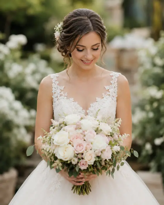 Create a soft bridal portrait of a young woman holding a full bouquet of white and blush pink roses with both hands at waist level. She stands with a gentle posture, shoulders relaxed, looking down at the bouquet with a quiet smile. She wears a classic ballgown-style wedding dress with a layered tulle skirt and a lace bodice. Her hair is in an elegant updo with small flowers tucked in. The camera is at chest height, framing her from the bouquet upward. Soft diffused natural light from the front gives smooth, warm skin tones. The background is a blurred garden with greenery and soft white blooms. Shot with a 50mm lens, shallow depth of field. Use aspect ratio 4:5.