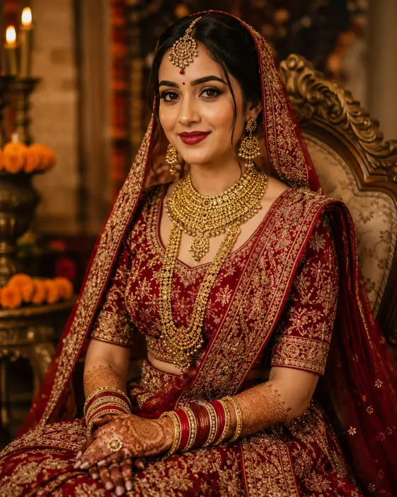 Create a richly detailed traditional Indian bridal portrait of a young woman seated gracefully on an ornate carved chair. She sits with an upright, poised posture, hands resting elegantly in her lap, looking softly toward the camera with a gentle expression. She wears a deep red and gold embroidered lehenga with intricate zari work, paired with heavy gold jewelry including a maang tikka, layered necklaces, and jhumka earrings. Her hands feature detailed henna designs and her makeup is bold with defined eyes and a red lip. The camera is at eye level, framing her from the waist up. Warm, soft directional lighting highlights the gold embroidery and jewelry. The background is a softly blurred decorated interior with marigold flowers and warm tones. Shot with an 85mm lens. Use aspect ratio 4:5.