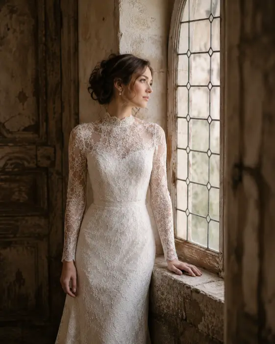 Create a soft vintage-style bridal portrait of a young woman standing beside a tall arched window in an old building. She leans gently against the window frame with one hand resting on the stone ledge, looking out the window with a thoughtful, peaceful expression. She wears a delicate lace wedding gown with long sleeves and a high neckline. Her hair is styled in a romantic loose updo. The camera is at eye level, slightly to the side, framing her from the knees up. Soft natural light filters through the window, creating a warm, nostalgic mood. The background shows weathered stone walls and aged wooden details. Shot with a 50mm lens, muted warm tones. Use aspect ratio 4:5.