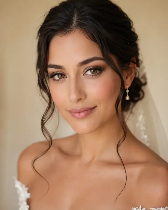 Create an intimate close-up bridal portrait of a young woman focused on her face and shoulders. She has a calm, soft expression with her eyes gently meeting the camera and a faint, peaceful smile. She wears refined bridal makeup with glowing skin, soft blush, fluttery lashes, and a natural pink lip. Delicate pearl drop earrings catch the light, and a few loose curls fall around her face. The camera is at eye level in a tight close-up framing. Soft, flattering studio lighting wraps gently around her face with smooth shadows. The background is a softly blurred warm cream tone. Shot with an 85mm lens, wide aperture for soft bokeh. Use aspect ratio 4:5.