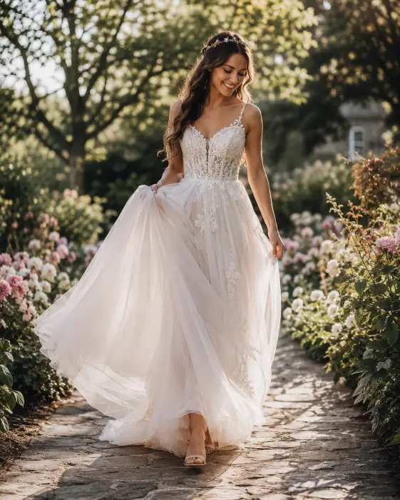Create a candid bridal portrait of a young woman walking gently along a stone garden path lined with flowers. She is captured mid-step with a relaxed, graceful movement, one hand lifting her gown slightly and a soft, joyful smile on her face. She wears a flowing tulle wedding gown with a fitted bodice. Her hair is styled in soft waves with a thin floral hairpiece. The camera is at a slightly low angle, capturing her full figure with a sense of motion. Warm afternoon light filters through the surrounding trees. The background is a blurred lush garden with soft floral colors. Shot with a 35mm lens, gentle motion in the fabric. Use aspect ratio 4:5.