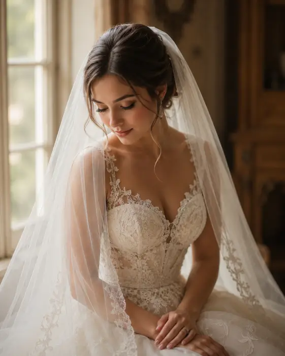 Create a soft, emotional bridal portrait of a young woman seated near a window with her long veil draped around her. She sits gently with her hands folded in her lap, head tilted slightly down, eyes lowered in a calm and reflective pose. She wears a lace wedding gown with a fitted bodice and delicate detailing. Her hair is styled in a soft updo beneath the veil. The camera is at eye level, framing her from the waist up. Gentle natural light spills through the window, creating a soft, dreamy glow on the veil and her face. The background is a softly blurred warm interior. Shot with an 85mm lens, creamy bokeh. Use aspect ratio 4:5.