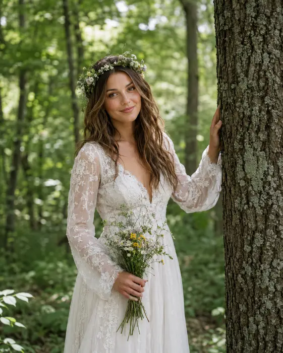 Create a natural outdoor bridal portrait of a young woman standing among tall trees in a quiet forest setting. She stands relaxed with one hand resting against a tree trunk and the other holding a small bunch of wildflowers, looking softly toward the camera with a gentle, peaceful expression. She wears a flowing bohemian-style wedding gown with lace sleeves and a soft, draped silhouette. Her hair is left loose in natural waves with a delicate flower crown. The camera is at eye level, framing her from the knees up. Soft, diffused daylight filters through the leaves, creating gentle dappled light. The background is a lush blurred forest in soft green tones. Shot with a 50mm lens. Use aspect ratio 4:5.