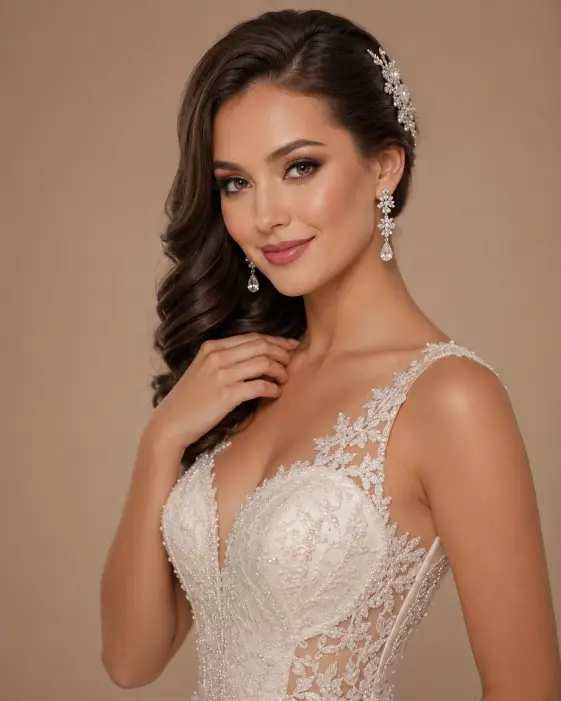 Create a glamorous studio bridal portrait of a young woman standing gracefully against a clean studio backdrop. She stands with elegant posture, one hand lightly touching her collarbone and her body angled three-quarters toward the camera, with a soft confident smile. She wears a fitted lace wedding gown with intricate beadwork and a structured bodice. Her hair is in a polished side-swept style and her makeup is glamorous with soft smoky eyes and a rosy lip. The camera is at eye level, framing her from the waist up. Soft, even studio lighting with a subtle highlight creates smooth skin tones and gentle shadows. The background is a softly lit neutral beige backdrop. Shot with an 85mm lens, shallow depth of field. Use aspect ratio 4:5.