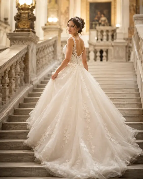 Create an elegant bridal portrait of a young woman standing on a wide staircase, gently holding the side of her gown as if about to step down. She has a graceful posture with her body slightly turned, looking softly over her shoulder toward the camera with a warm expression. She wears a voluminous ballgown wedding dress with a layered skirt and a fitted lace bodice. Her hair is styled in an elegant updo with a sparkling hairpiece. The camera is at a slightly low angle, capturing her full figure on the stairs. Soft warm light from above creates a gentle glow. The background is a softly blurred grand interior with classic architecture. Shot with a 35mm lens. Use aspect ratio 4:5.