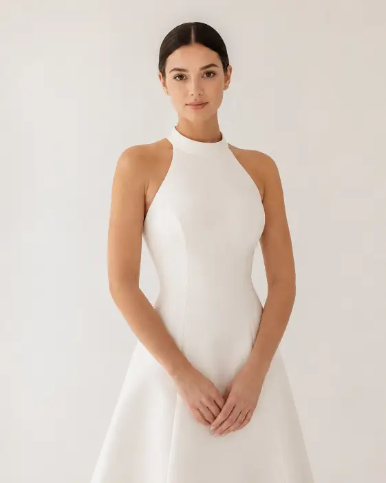 Create a minimalist modern bridal portrait of a young woman standing against a plain light background. She stands with a calm, simple posture, hands resting softly in front of her, looking directly into the camera with a quiet, confident expression. She wears a sleek, structured wedding gown with clean lines, a high neckline, and no embellishments. Her hair is styled in a smooth, sleek low bun and her makeup is fresh and natural. The camera is at eye level, framing her from the knees up. Soft, even lighting creates smooth skin tones and minimal shadows. The background is a plain off-white backdrop with a clean, airy feel. Shot with an 85mm lens. Use aspect ratio 4:5.