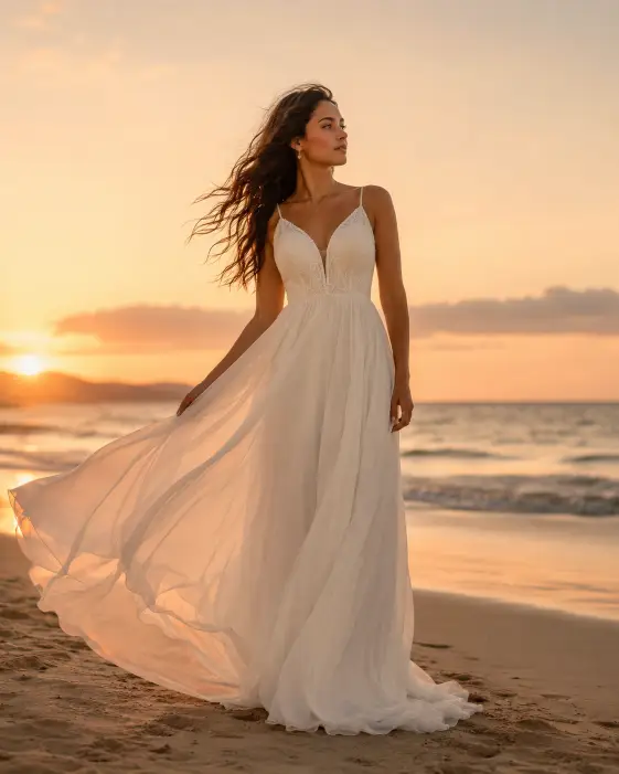 Create a dreamy bridal portrait of a young woman standing on a quiet beach during sunset. She stands relaxed with her gown gently flowing in the breeze, one hand holding the fabric and the other resting at her side, looking softly toward the horizon with a peaceful expression. She wears a lightweight flowing chiffon wedding gown with thin straps and a soft, airy silhouette. Her hair is left loose in natural waves moving in the wind. The camera is at a slightly low angle, capturing her full figure against the sky. Warm golden sunset light creates a soft glow with gentle backlighting. The background is a softly blurred ocean with calm waves and a pastel sky. Shot with a 50mm lens, cinematic warm tones. Use aspect ratio 4:5.