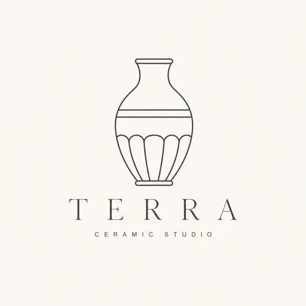Create a minimalist logo for TERRA, a handmade ceramic studio. The icon is a simple line-art clay vase drawn with thin, even-weight strokes, geometric and balanced, with lots of negative space and no shading or gradients. Place the brand name "TERRA" in an elegant thin serif font directly below the icon, with wide letter-spacing. Add a small tagline "CERAMIC STUDIO" in tiny uppercase letter-spaced text underneath the name. Use a single soft charcoal color on an off-white background. The style is flat vector, modern, and professional with a centered composition, no 3D effects, and no photographic elements. Use aspect ratio 1:1.