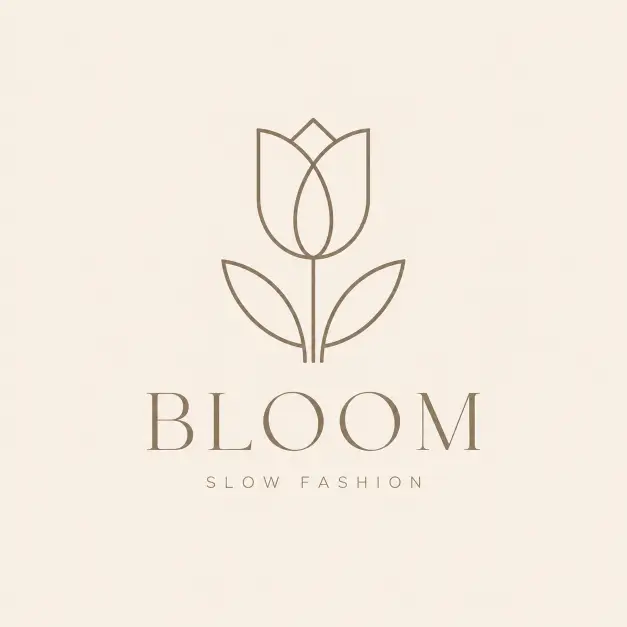 Create a minimalist logo for BLOOM, a slow fashion clothing brand. The icon is a simple line-art tulip flower drawn with thin, even-weight strokes, geometric and balanced, with lots of negative space and no shading or gradients. Place the brand name "BLOOM" in a clean modern serif font directly below the icon, with normal spacing. Add a small tagline "SLOW FASHION" in tiny uppercase letter-spaced text underneath the name. Use a single warm taupe color on a soft beige background. The style is flat vector, modern, and professional with a centered composition, no 3D effects, and no photographic elements. Use aspect ratio 1:1.