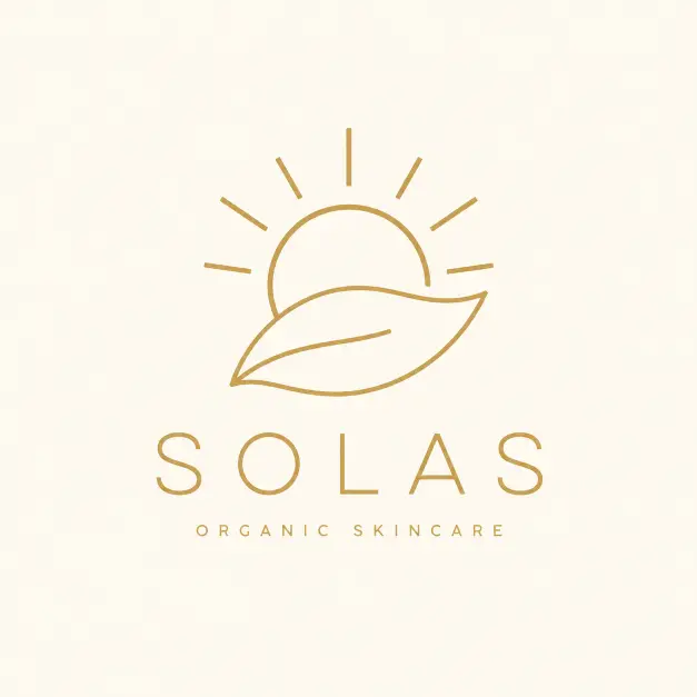 Create a minimalist logo for SOLAS, an organic skincare brand. The icon is a simple line-art sun rising behind a single leaf, drawn with thin, even-weight strokes, geometric and balanced, with lots of negative space and no shading or gradients. Place the brand name "SOLAS" in a minimal sans-serif font directly below the icon, with normal spacing. Add a small tagline "ORGANIC SKINCARE" in tiny uppercase letter-spaced text underneath the name. Use a single muted gold color on a cream background. The style is flat vector, modern, and professional with a centered composition, no 3D effects, and no photographic elements. Use aspect ratio 1:1.