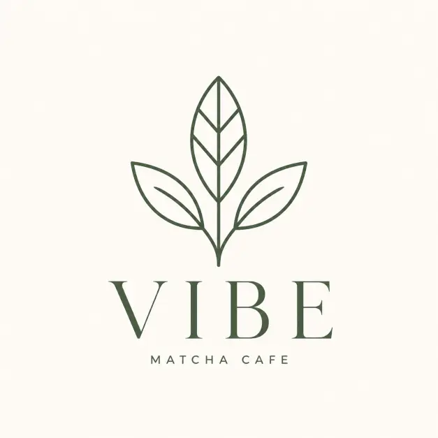 Create a minimalist logo for VIBE, a matcha cafe. The icon is a simple line-art matcha leaf drawn with thin, even-weight strokes, geometric and balanced, with lots of negative space and no shading or gradients. Place the brand name "VIBE" in a clean modern serif font directly below the icon, with normal spacing. Add a small tagline "MATCHA CAFE" in tiny uppercase letter-spaced text underneath the name. Use a single deep sage green color on an off-white background. The style is flat vector, modern, and professional with a centered composition, no 3D effects, and no photographic elements. Use aspect ratio 1:1.