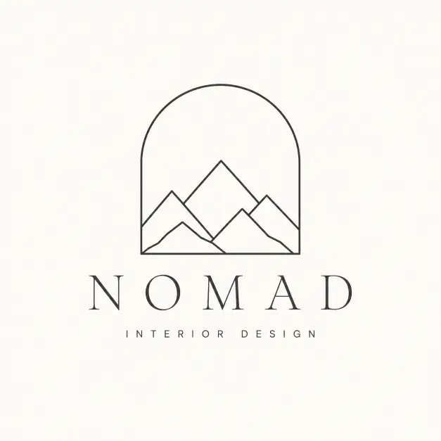 Create a minimalist logo for NOMAD, an interior design studio. The icon is a simple line-art mountain range inside a rounded arch, drawn with thin, even-weight strokes, geometric and balanced, with lots of negative space and no shading or gradients. Place the brand name "NOMAD" in an elegant thin serif font directly below the icon, with wide letter-spacing. Add a small tagline "INTERIOR DESIGN" in tiny uppercase letter-spaced text underneath the name. Use a single soft charcoal color on an off-white background. The style is flat vector, modern, and professional with a centered composition, no 3D effects, and no photographic elements. Use aspect ratio 1:1.