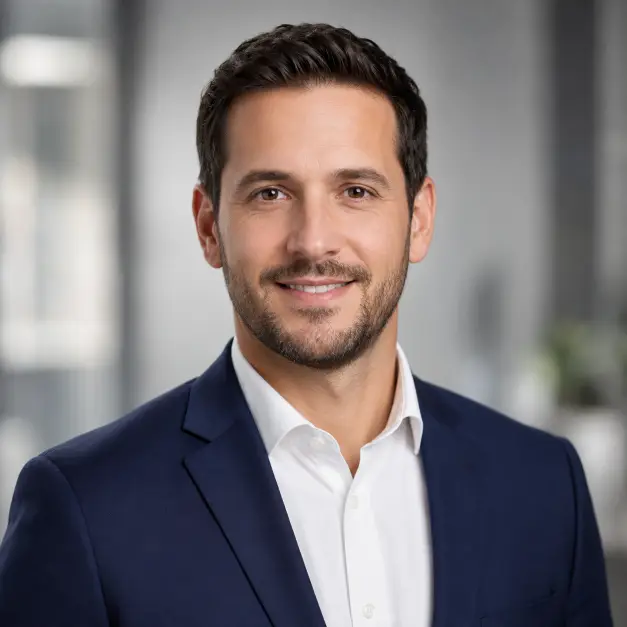Create a professional corporate headshot of a person in their 30s standing against a softly blurred neutral gray office background. They are wearing a well-fitted navy blue blazer over a crisp white shirt, with a confident and approachable expression looking directly into the camera. Their posture is upright with shoulders squared and a slight natural smile. The camera is at eye level with a head-and-shoulders crop. Soft, even studio lighting with a gentle key light from the front. The overall mood is polished, trustworthy, and corporate. Use aspect ratio 1:1.