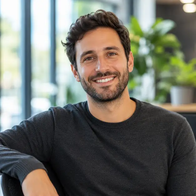 Create a clean professional portrait of a person sitting casually in a bright modern office space. They are wearing a fitted charcoal crew-neck sweater with a relaxed but confident posture, one arm resting on the back of a chair. Their expression is friendly and easygoing with a warm smile. The camera is at eye level with a chest-up crop and shallow depth of field. The background shows softly blurred greenery and large windows with natural daylight. Bright, airy lighting with a fresh and contemporary mood. Use aspect ratio 1:1.
