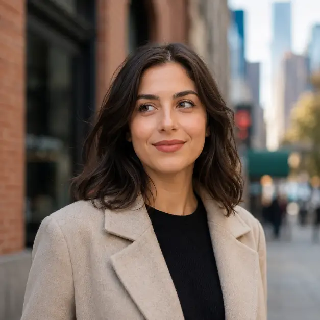 Create a natural outdoor headshot of a person standing on a city street with a softly blurred urban background. They are wearing a light beige overcoat over a simple dark top, standing with a relaxed posture and hands loosely by their sides. Their expression is calm and confident with a subtle smile, looking slightly off-camera. The camera is at eye level with a head-and-shoulders crop. Soft natural daylight with gentle shadows on the face. The mood is warm, modern, and approachable. Use aspect ratio 1:1.