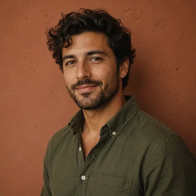 Create a stylish professional portrait of a person against a muted terracotta-toned wall. They are wearing a relaxed olive-green button-down shirt with the top button open, standing with a slight three-quarter turn toward the camera. Their expression is thoughtful and friendly with a soft smile. The camera is at eye level with a chest-up crop. Soft diffused lighting with a warm tone. The overall mood is creative, confident, and personable. Use aspect ratio 1:1.