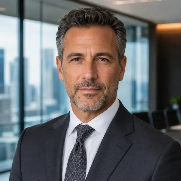 Create a refined executive headshot of a person in their 40s standing in a modern boardroom with a softly blurred background of glass walls and city views. They are wearing a tailored dark gray suit with a subtle patterned tie, standing with strong upright posture and arms relaxed. Their expression is composed and assured with a steady gaze into the camera. The camera is at eye level with a head-and-shoulders crop. Clean, controlled studio-style lighting. The mood is authoritative, professional, and confident. Use aspect ratio 1:1.