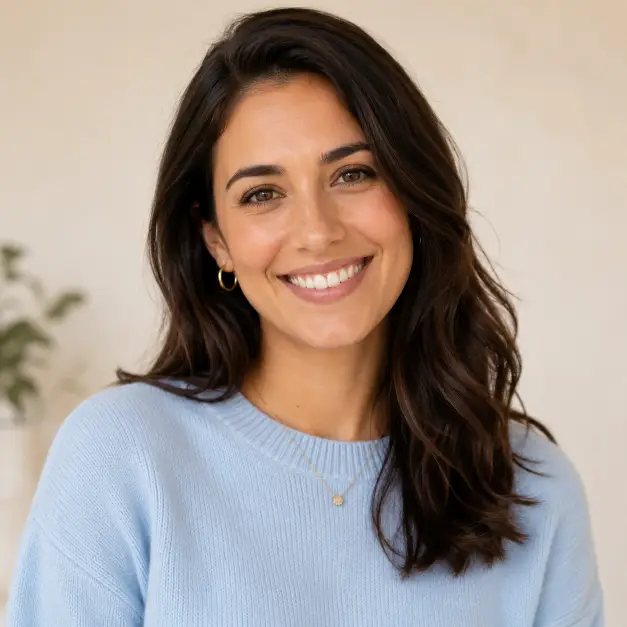 Create a warm professional portrait of a person in a bright, softly lit setting with a clean cream-colored background. They are wearing a soft pastel blue sweater, standing with relaxed shoulders and a genuine, welcoming smile. Their expression is friendly and open, looking directly into the camera. The camera is at eye level with a head-and-shoulders crop. Soft, flattering light with gentle shadows. The overall mood is approachable, kind, and trustworthy. Use aspect ratio 1:1.