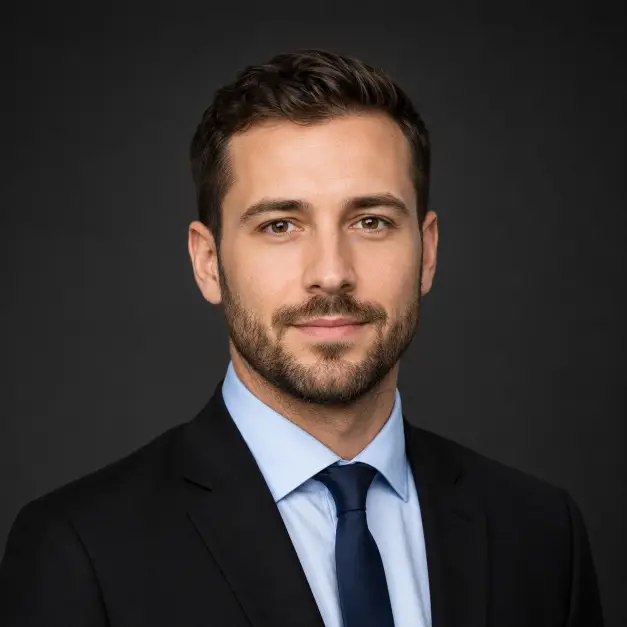 Create a formal professional headshot of a person in their 30s against a dark charcoal gradient background. They are wearing a sharp black suit jacket over a light blue dress shirt with a slim navy tie, standing with confident upright posture. Their expression is serious yet approachable with a slight smile. The camera is at eye level with a head-and-shoulders crop. Controlled studio lighting with crisp definition on the face. The mood is precise, reliable, and professional. Use aspect ratio 1:1.