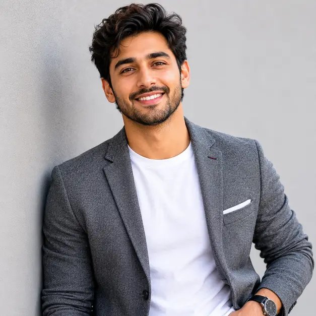 Create a smart-casual portrait of a person leaning slightly against a plain light gray wall. They are wearing a fitted heather-gray blazer over a white t-shirt, with a relaxed posture and one hand in their pocket. Their expression is easygoing and confident with a warm smile. The camera is at eye level with a chest-up crop. Soft natural lighting with a clean look. The mood is modern, relaxed, and professional. Use aspect ratio 1:1.