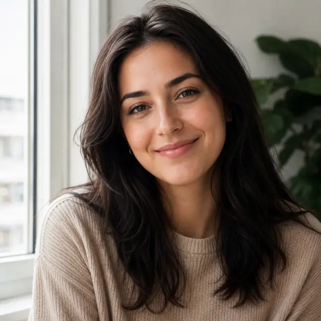 Create a natural professional portrait of a person sitting near a large window with soft daylight falling across their face. They are wearing a simple beige knit top, sitting with a relaxed posture and a gentle, genuine smile. Their expression is calm and warm, looking directly into the camera. The camera is at eye level with a head-and-shoulders crop. Soft, diffused window light with subtle shadows. The mood is fresh, honest, and inviting. Use aspect ratio 1:1.