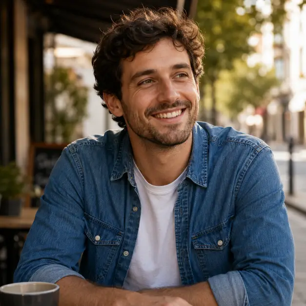 Create a relaxed professional portrait of a person sitting at an outdoor cafe table with a softly blurred background of a quiet street. They are wearing a casual denim shirt over a plain white tee, sitting with a comfortable posture and a warm, natural smile. Their expression is friendly and at ease, looking slightly off-camera. The camera is at eye level with a chest-up crop and shallow depth of field. Warm afternoon light with a soft glow. The mood is casual, genuine, and approachable. Use aspect ratio 1:1.