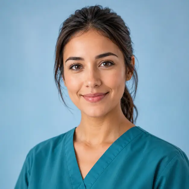 Create a professional portrait of a healthcare worker against a soft light blue background. They are wearing clean medical scrubs in a calm teal tone, standing with upright posture and a warm, reassuring expression. Their smile is gentle and their gaze is directed into the camera. The camera is at eye level with a head-and-shoulders crop. Soft, even lighting with a clean look. The mood is calm, caring, and trustworthy. Use aspect ratio 1:1.