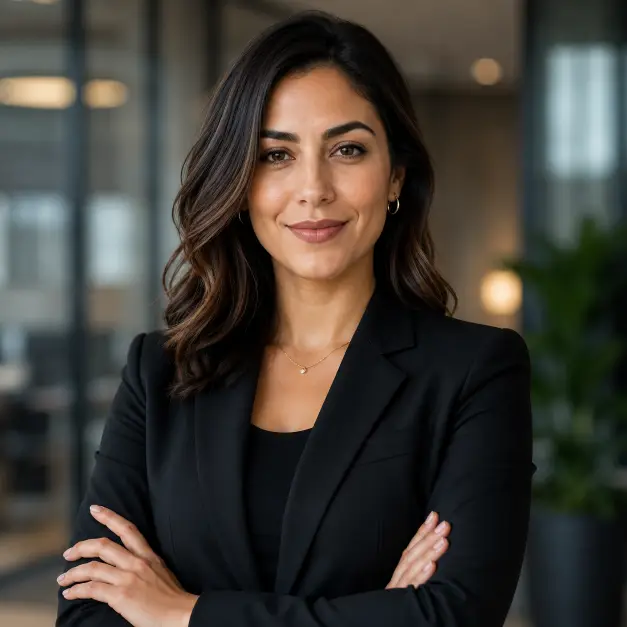 Create a confident professional headshot of a person standing with their arms crossed against a softly blurred modern office background. They are wearing a fitted dark blazer over a simple black top, with a strong and steady posture. Their expression is self-assured with a slight smile, looking directly into the camera. The camera is at eye level with a chest-up crop. Soft directional lighting with subtle shadows. The mood is confident, capable, and professional. Use aspect ratio 1:1.