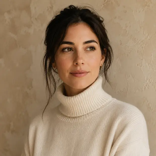 Create an editorial-style professional portrait of a person against a soft beige textured wall. They are wearing a cream turtleneck sweater, standing in a relaxed three-quarter pose with a calm expression. Their gaze is soft and thoughtful, looking slightly off-camera. The camera is at eye level with a head-and-shoulders crop. Soft, warm diffused lighting with gentle contrast. The mood is calm, refined, and quietly confident. Use aspect ratio 1:1.
