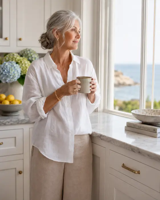 Create a photo of a woman in her early 60s standing in a bright coastal kitchen near a large window, holding a ceramic mug of coffee with both hands. She is wearing an oversized white linen button-down shirt with the sleeves rolled up, beige wide-leg trousers, and minimal gold jewelry. Her silver hair is in a soft low bun with a few loose strands. She is looking out the window with a calm, content expression. The background shows a white shaker kitchen with marble countertops, a bowl of lemons, and fresh hydrangeas in a vase. The camera is at eye level with a shallow depth of field. Soft natural morning light fills the room with warm, airy tones. Shot with a 50mm lens, lifestyle editorial style. Use aspect ratio 4:5.