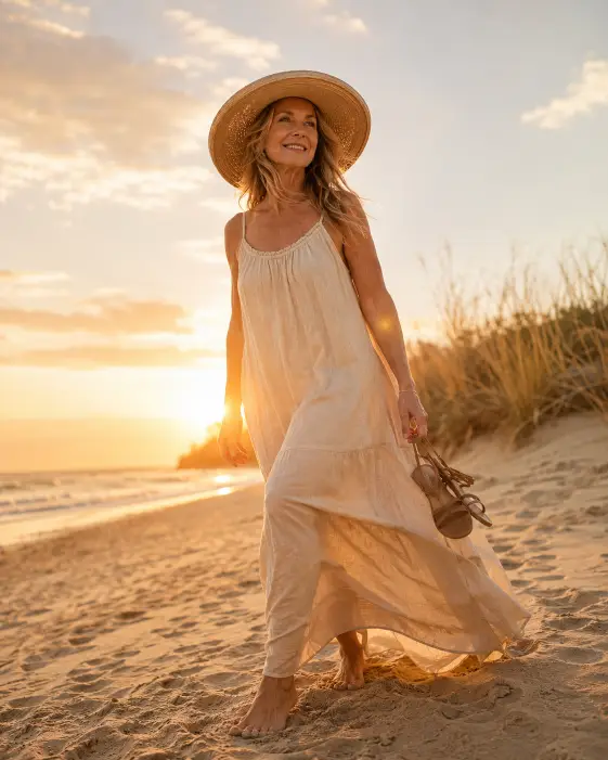Create a photo of a woman in her late 50s walking slowly along a quiet sandy beach at golden hour, captured mid-stride with a gentle smile. She is wearing a flowing cream linen maxi dress with thin straps and a wide-brim straw hat, holding her sandals in one hand. Her hair moves softly in the breeze. The background is a calm ocean with gentle waves and pale dunes with beach grass. The camera is at a low angle, shooting slightly upward to capture the warm sky behind her. Warm golden light with soft sandy tones and natural lens flare. Shot with a 35mm lens, candid lifestyle style. Use aspect ratio 4:5.