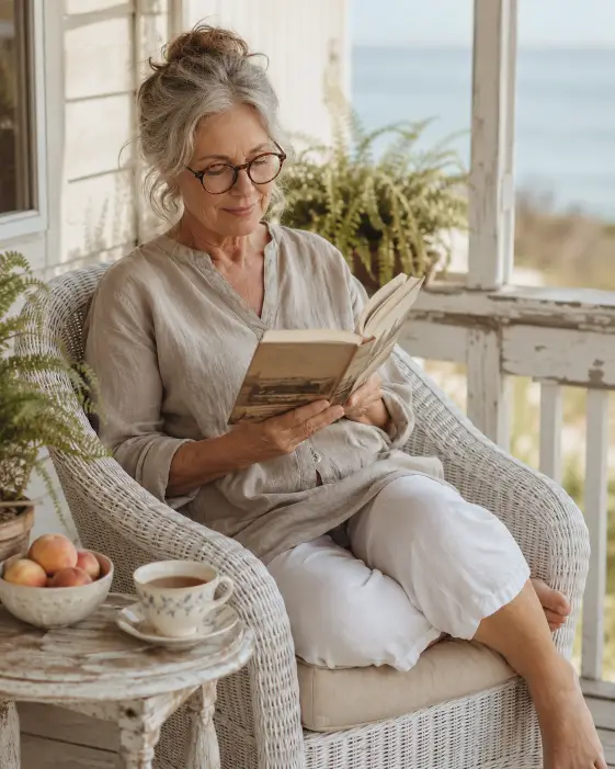 Create a photo of a woman in her early 60s sitting in a white wicker chair on a coastal porch, legs tucked to one side, reading a book. She is wearing a soft beige linen tunic, white cropped pants, and round tortoiseshell reading glasses. Her hair is loosely pinned up. There is a cup of tea and a small bowl of peaches on the side table next to her. The background shows a weathered white porch railing with potted ferns and a soft blurred view of the sea. The camera is at eye level with a relaxed framing. Warm afternoon light with gentle shadows and soft neutral tones. Shot with a 50mm lens, cozy lifestyle style. Use aspect ratio 4:5.