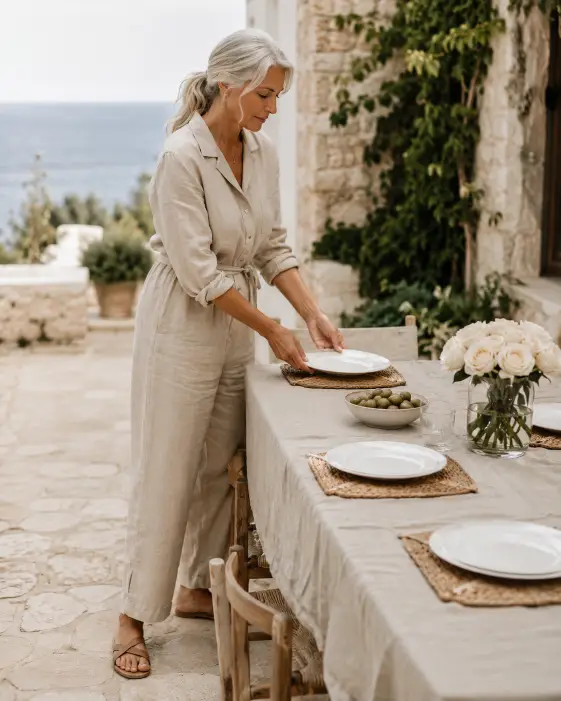 Create a photo of a woman in her early 60s setting an outdoor lunch table on a coastal patio, placing white ceramic plates with both hands. She is wearing a relaxed oatmeal linen jumpsuit with the sleeves pushed up and simple flat sandals. Her silver hair is in a loose low ponytail. The table has a natural linen tablecloth, woven placemats, a vase of white roses, and a bowl of green olives. The background shows a stone patio with climbing ivy and a soft blurred ocean view. The camera is at waist height, slightly tilted down. Warm midday light with creamy neutral tones. Shot with a 50mm lens, lifestyle editorial style. Use aspect ratio 4:5.