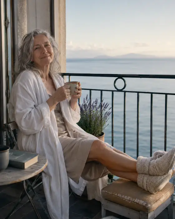 Create a photo of a woman in her early 60s sitting on a small coastal balcony in the morning, holding a coffee mug and resting her feet on a low stool. She is wearing a soft white linen robe over a beige nightdress and cozy knit slippers. Her silver hair is slightly tousled. She has a soft, sleepy smile. The background shows a calm sea, a pale morning sky, and a balcony railing with a small potted lavender plant. The camera is at eye level with a relaxed framing. Soft cool morning light with gentle warm highlights. Shot with a 35mm lens, candid lifestyle style. Use aspect ratio 4:5.