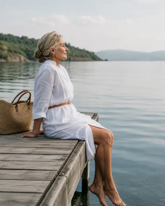 Create a photo of a woman in her early 60s sitting on the edge of a wooden dock with her legs crossed at the ankles, looking out over calm water. She is wearing a loose white linen shirt dress and a thin woven belt, with a straw tote bag placed beside her. Her hair is in a soft low bun. Her expression is calm and reflective. The background is a wide quiet bay with soft morning haze and distant green shoreline. The camera is at a slightly low angle, capturing her from the side. Soft diffused light with pale blue and cream tones. Shot with a 35mm lens, serene lifestyle style. Use aspect ratio 4:5.