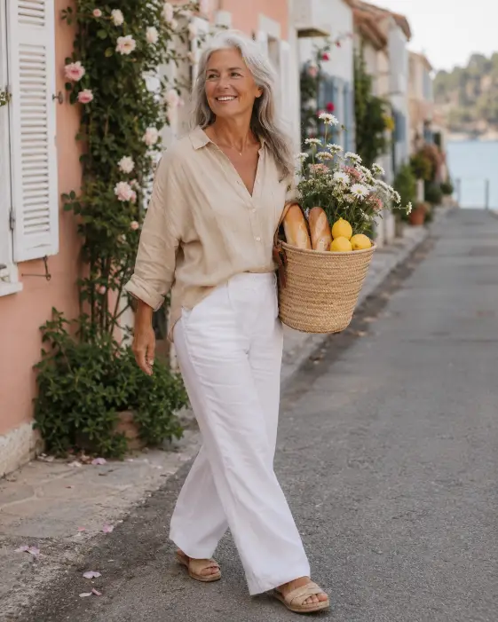 Create a photo of a woman in her late 50s walking along a quiet coastal street, carrying a woven market basket filled with baguettes, lemons, and fresh flowers. She is wearing a relaxed beige linen shirt, white linen trousers, and flat espadrille sandals. Her silver hair is loose and soft. She has a warm, easy smile. The background shows pastel cottages with white shutters and climbing roses, softly blurred. The camera is at eye level, capturing her mid-stride. Bright soft daylight with warm neutral tones. Shot with a 50mm lens, candid lifestyle style. Use aspect ratio 4:5.