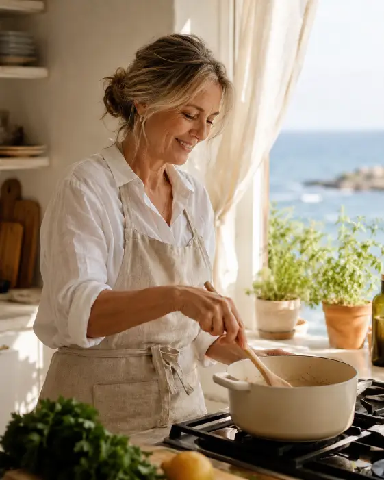 Create a photo of a woman in her late 50s cooking at a stove in a coastal kitchen, stirring a pot with a wooden spoon. She is wearing a white linen shirt with rolled sleeves and a soft beige apron. Her hair is in a loose low bun. Her expression is relaxed and happy. The background shows an open window with sheer curtains moving slightly, fresh herbs in small pots on the sill, and a soft view of the sea. The camera is at chest height, slightly angled. Warm natural light with creamy neutral tones. Shot with a 50mm lens, lifestyle editorial style. Use aspect ratio 4:5.
