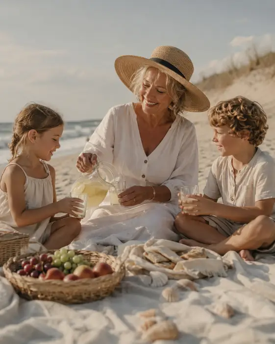 Create a photo of a woman in her early 60s sitting on a soft linen picnic blanket on the beach with her grandchildren beside her, smiling as she pours lemonade. She is wearing a flowing white linen dress and a wide straw hat. The grandchildren are in simple light cotton outfits. The blanket has a basket of fruit, sandwiches wrapped in cloth, and a few seashells. The background is a calm ocean with soft waves and pale dunes. The camera is at a low angle, shooting slightly upward. Warm afternoon light with soft sandy tones. Shot with a 35mm lens, candid family lifestyle style. Use aspect ratio 4:5.