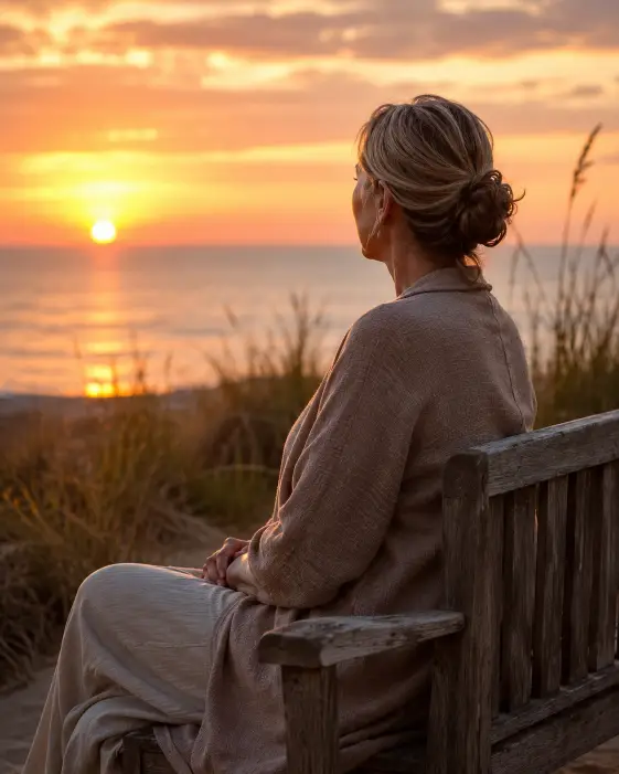Create a photo of a woman in her late 50s sitting on a weathered wooden bench facing the sea at sunset, hands resting in her lap. She is wearing a soft taupe linen wrap cardigan over a cream top and relaxed linen trousers. Her hair is in a low bun. Her expression is calm and thoughtful. The background is a glowing ocean horizon with warm sunset colors and soft beach grass framing the sides. The camera is positioned behind and slightly to the side, capturing her silhouette and the view. Warm golden light with soft amber and rose tones. Shot with an 85mm lens, cinematic lifestyle style. Use aspect ratio 4:5.