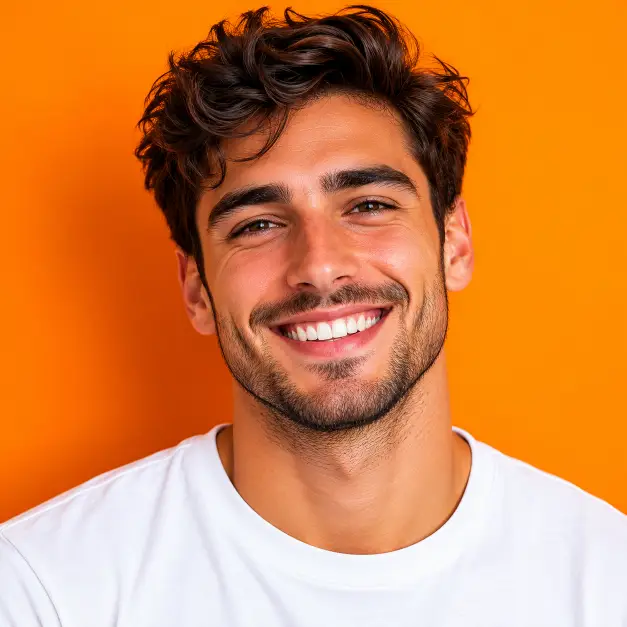 Create a close-up portrait of a person facing the camera with a bright, happy smile and confident posture. They are wearing a plain white t-shirt that contrasts cleanly against the background. The camera is at eye level with a tight crop from the shoulders up. The background is a solid bright orange wall. The lighting is even and punchy with vivid saturation. The style is bold, colorful, and fun. Use aspect ratio 1:1.