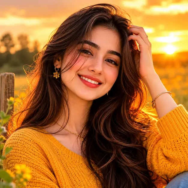 Create a close-up portrait of a person standing outdoors during golden hour with a cheerful expression and one hand gently touching the side of their hair. They are wearing a warm mustard yellow knit top. The camera is at eye level with a shallow depth of field that blurs the background. Behind them is an open field glowing with warm sunlight and a vivid amber sky. The lighting is warm and golden with a soft lens flare. The mood is bright and luminous. Use aspect ratio 1:1.