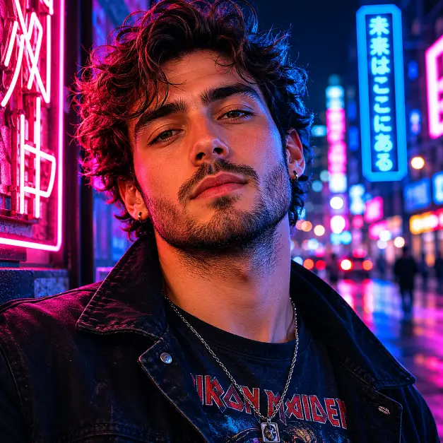 Create a close-up portrait of a person standing on a city street at night with a calm, confident expression looking into the camera. They are wearing a black jacket over a graphic tee. The camera is at eye level, slightly off-center for an asymmetrical composition. The background is a blurred urban street lit with glowing pink and blue neon signs. Use vibrant neon lighting that casts colorful highlights across the face. The style is bold and cinematic with rich saturated tones. Use aspect ratio 1:1.