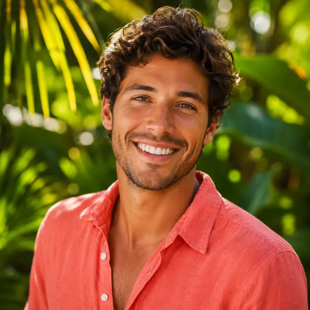 Create a close-up portrait of a person standing outside surrounded by tropical greenery, with a bright natural smile and shoulders slightly angled. They are wearing a vivid coral shirt. The camera is at eye level with a shallow depth of field that turns the leaves into soft bokeh. The background is dense green tropical foliage with warm sunlight filtering through. The lighting is bright and warm. The mood is fresh, vibrant, and summery. Use aspect ratio 1:1.